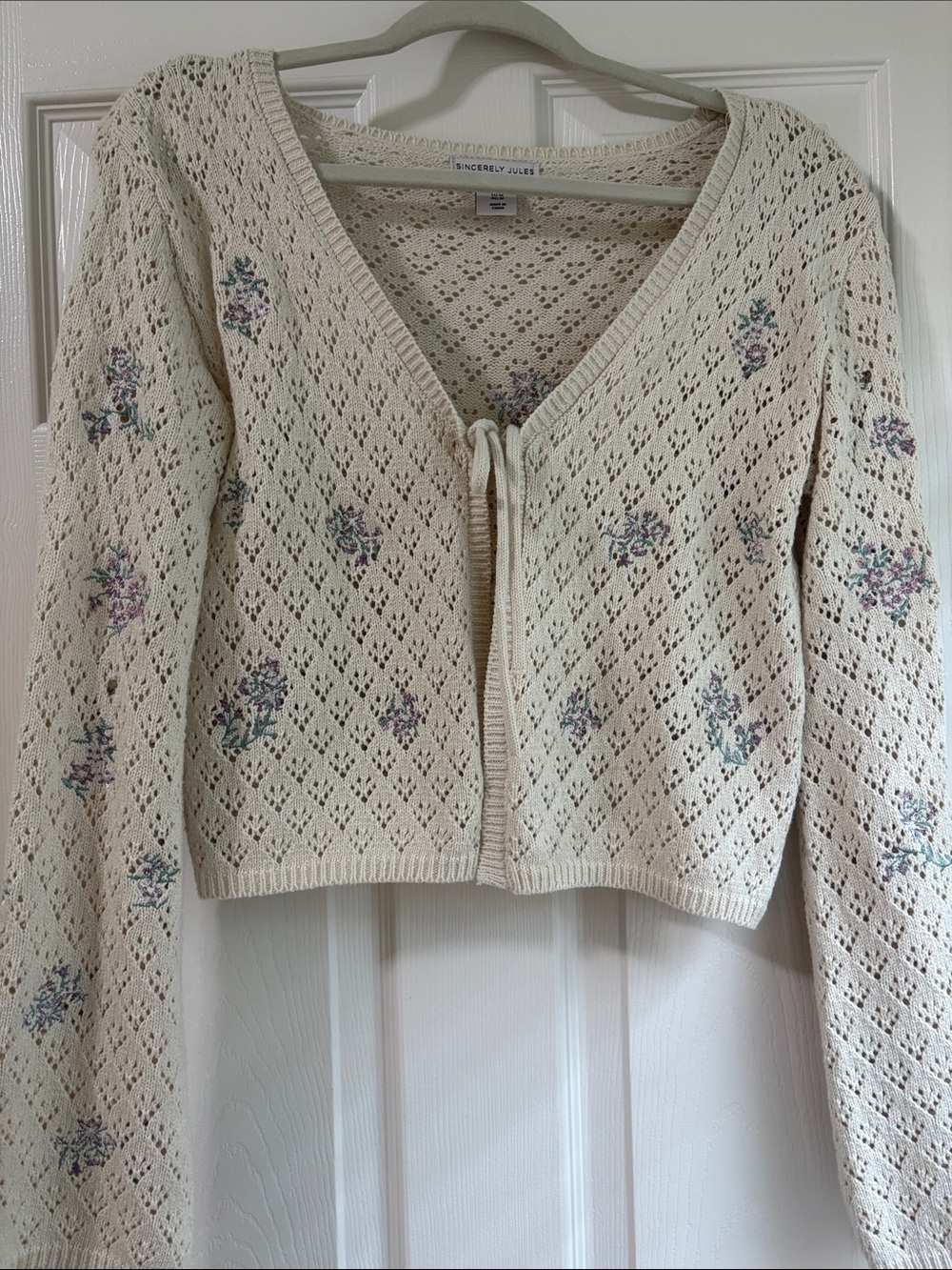 Cream Floral Open-Knit Cardigan Sweater